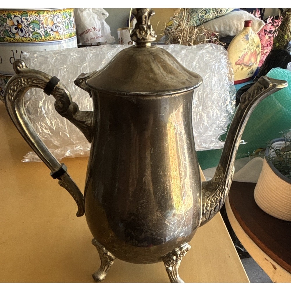 Victorian Floral Silverplate Lidded Tea/Coffee Pot Hinged Lid Ornate Feet